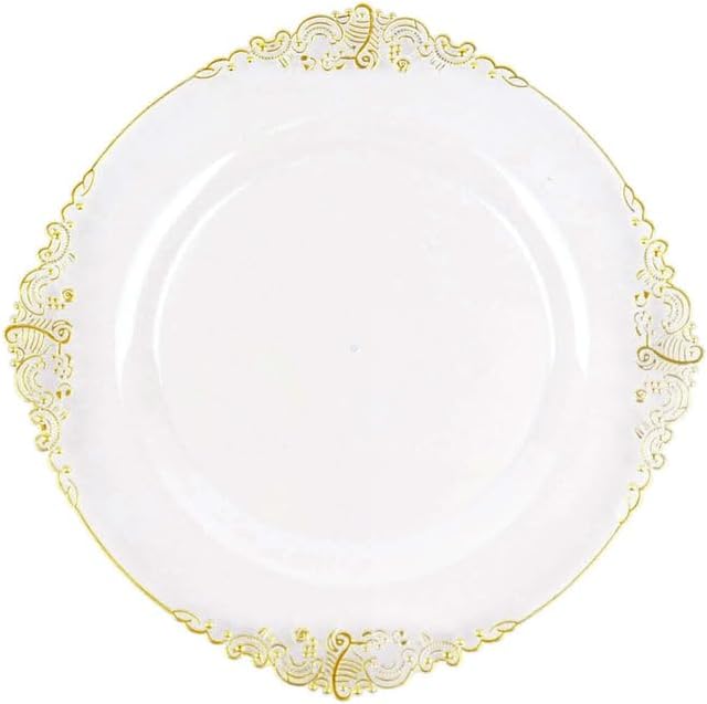 8" Salad Plates -Set of 10 - Plastic Clear Gold Round Baroque Disposable Dessert Appetizer Plate Leaf Embossed Rim, Ideal for Dinner Party Wedding Bulk Events