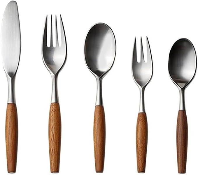 Silverware Flatware Cutlery Set, 5/20/30/40 Pieces Wooden Handle 304 Stainless Steel Table Knives, Forks And Spoons, Home Tableware, Restaurant Tableware(30 Pieces for 6)