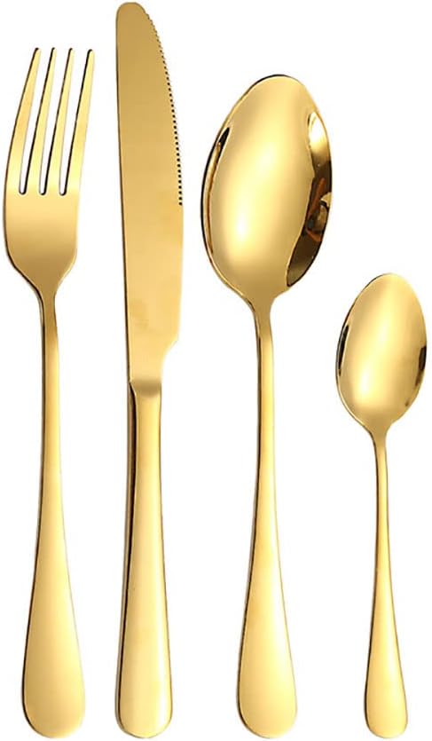 Gift Box 24pcs Set Cutlery Dinnerware 410 Stainless Steel Flatware Set Tableware Suit Dinner Spoon Fork Knife Flatware Serving Sets (Gold + White)
