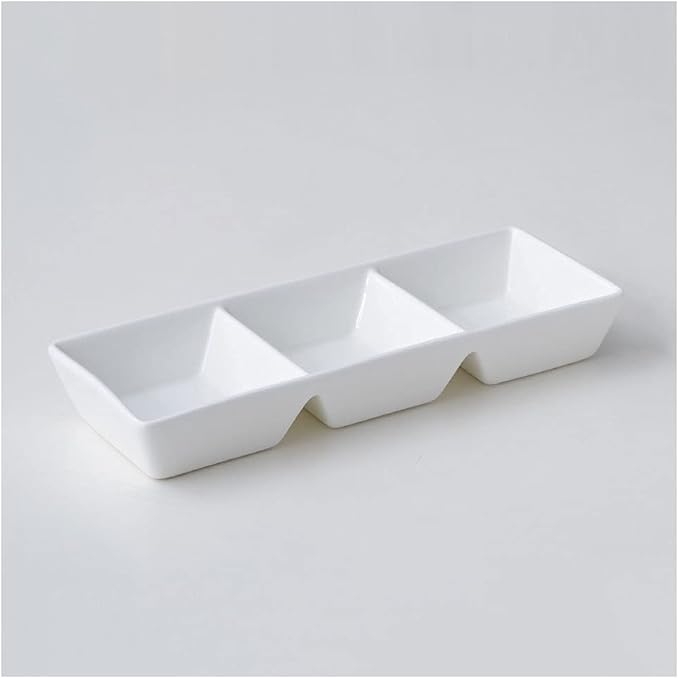 Sauce Dish White Ceramic Soy Sauce Dish 3 Compartment Appetizer Plate Tray Divided Dipping Sauce Dishes for Sushi Ketchup Appetizer Serving (White 9.65×3.54×1.38in)