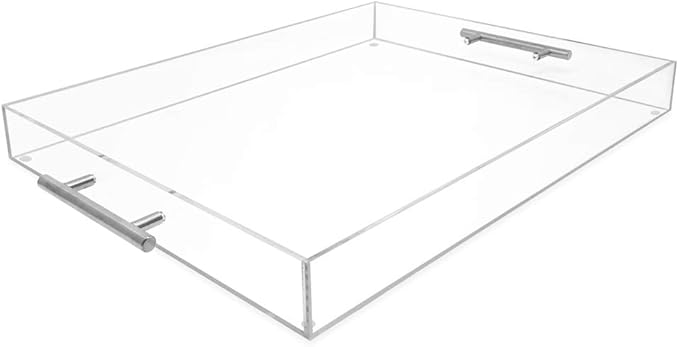 Isaac Jacobs Clear Acrylic Serving Tray (16x20) with Silver Metal Handles, Spill-Proof, Stackable Organizer, Food & Drinks Server, Indoors/Outdoors, Lucite Storage (16x20, Clear with Silver Handle)