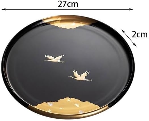 Wooden Tray Front Heavy Lacquer Resin Round Tray Japanese Handmade Crane Lacquer Tray Dry Tea Tray Tea Restaurant Dining Tray Serving Tray with Handles(A)