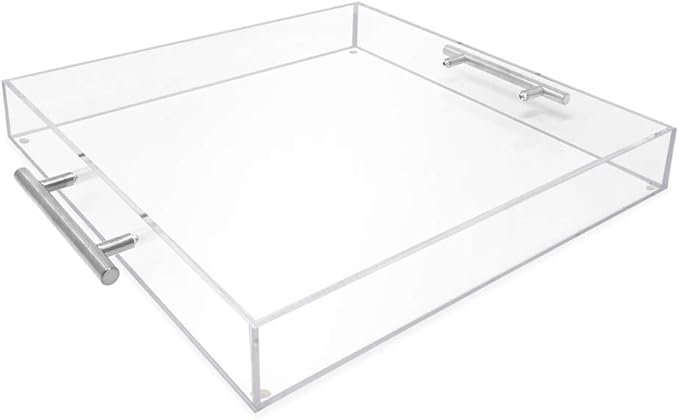 Isaac Jacobs Clear Acrylic Serving Tray (15x15) with Silver Metal Handles, Spill-Proof, Stackable Organizer, Food & Drinks Server, Indoors/Outdoors, Lucite Storage (15x15, Clear with Silver Handle)