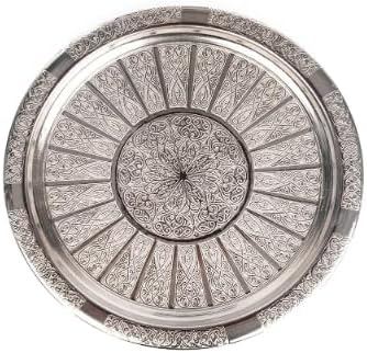 Handcrafted Turkish Copper Serving Tray with Silver Embroidery - (8.7 inch) Traditional Gaziantep Design, 3mm Thick