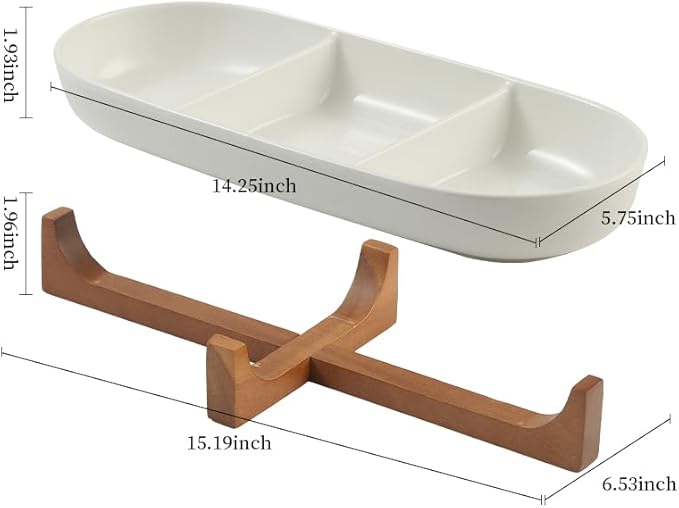 Divided Ceramic Serving Plate with Acacia Wood Base, Appetizers Platter for Home Decor(3-Compartment Plate), 14inch Divided Plate for Snack, Dessert, Fruit, Chip and Dip Serving Set