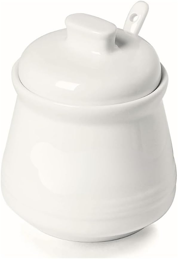 Ceramic Sugar Bowl with Lid and Spoon, 12 oz Porcelain Sugar Jar Sugar Dispenser，Sugar Salt Container for Home and Kitchen Countertop Canisters, White