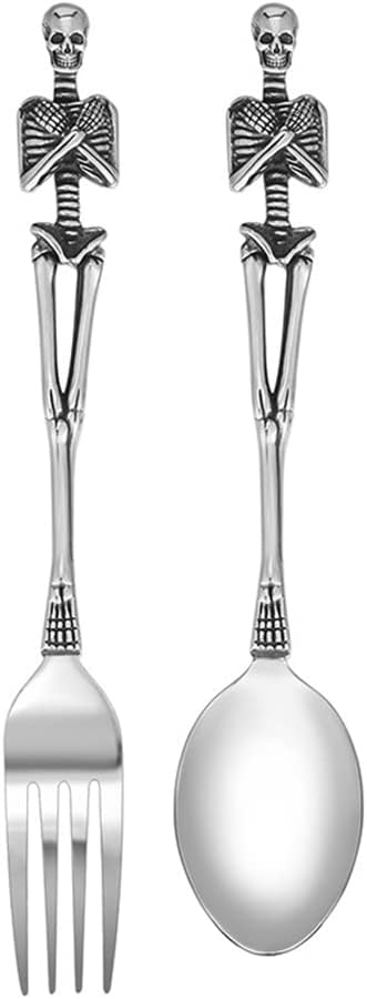 Stainless Steel Skeleton Skull Spoon and Fork Flatware Tableware Design Modern Look Great Gifts For Halloween Easter and Christmas (Spoon & Fork)