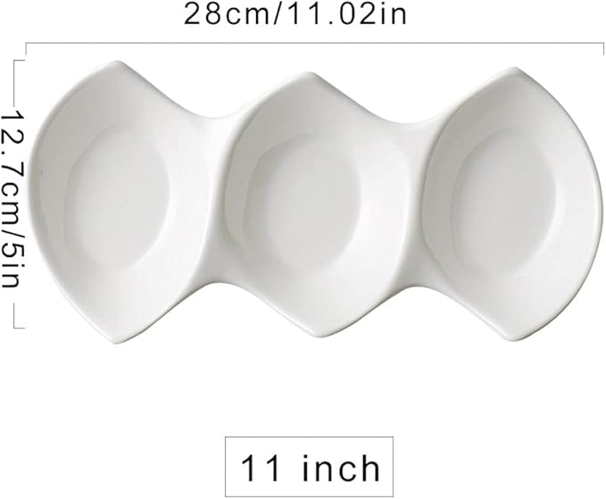 Sauce Dish 19 Oz Sauce Dish White Ceramic 3 Compartment Divided Appetizer Plates Soy Sauce Dipping Dishes Ketchup Vinegar Appetizer or Snack Dessert Condiments Dip Bowls (White 11.02x5x1.57in)