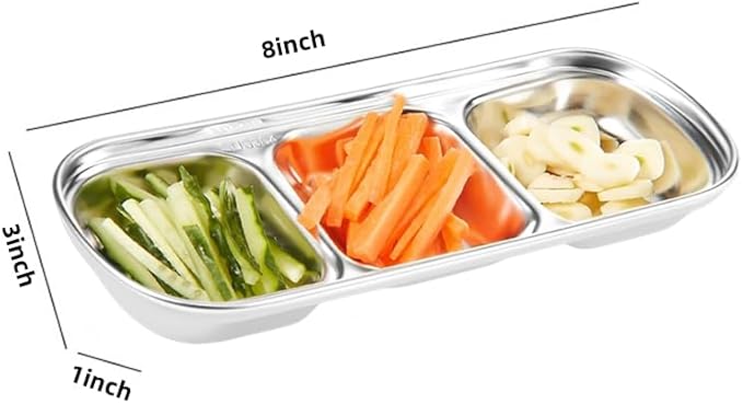 3 Piece Stainless Steel Sauce Tray, Divided DippingTray, 3 Compartment Appetizer Serving Tray for Sauce, Ketchup, Dressing, Silver, 8 X 3 Inches (3 Compartment)
