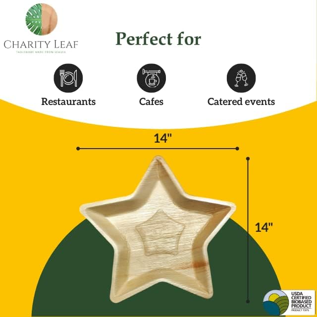 Charity Leaf Disposable Palm Leaf 14" Star Plates (5 pieces) Bamboo Like Serving Platters, Disposable Boards, Eco-Friendly Dinnerware For Christmas, Weddings, Catering, Events