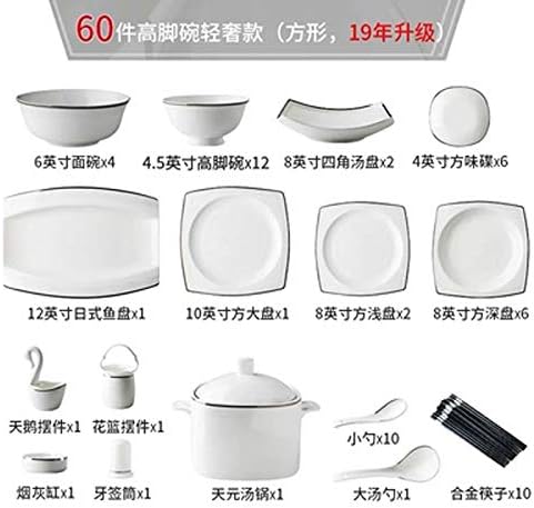 Ceramic Tableware Set, Bone Meal 45% Porcelain, Microwave Safe Tableware, White Translucent Ceramic, 56-Piece Household Tableware Set,60Piece of Package