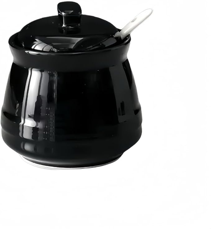 Ceramic Sugar Bowl with Lid and Spoon,12 oz Porcelain Sugar Jar Sugar Dispenser, Sugar Salt Container for Home and Kitchen Countertop Canisters, Black