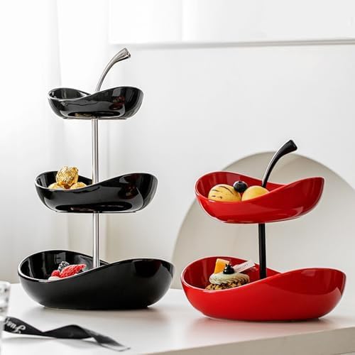 Ceramic Tiered Fruit Bowl, Cute Decorative Snack Plate for Coffee Table, Layer Dessert Tray for Kitchen Counter, Christmas Serving Fruit Display (Red-Double layer)