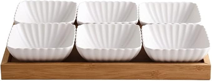 Sauce Dish 6 Compartment Divided Ceramic Sauce Dish Dipping Bowls Fruit Dessert Small Dish Appetizer Plates for Soy Sauce Vinegar Sushi Kethup BBQ Sauces(with Tray) Dipping Bowls (A)