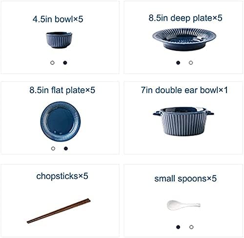 Dinnerware Sets - Luxury Dishes Service Set, 26Pcs Dinnerware Sets for 5, Ceramics Dinner Set, Tableware Set in Style, Blue White Stripe Plates and Bowls Set,