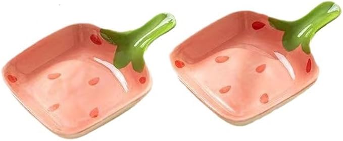 esowemsn 2PCS Pink Fruit Pattern Sauce Dish Ceramic Strawberry Pattern Appetizer Serving Plate with Handle Cute Sushi Dipping Bowl for Home Kitchen Restaurant Oil,Vinegar,Ketchup,Salt,Sushi Appetizer
