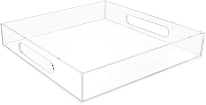 Isaac Jacobs Clear Acrylic Serving Tray (12x12) with Cutout Handles, Spill-Proof, Stackable Organizer, Space-Saver, Food & Drinks Server, Indoors/Outdoors, Lucite Storage Décor & More