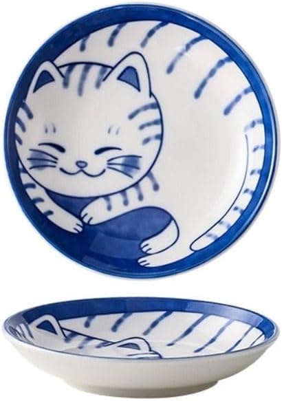 Japanese Sushi Sauce Plate Small Lucky Cat Pattern Soy Sauce Dish Mini Round Ceramic Glazed Plates for Appetizer Dessert Fruit(B)