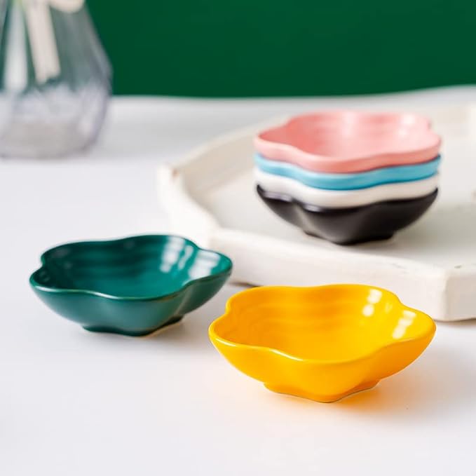 Gaolinci 3.5 Inches Flower Shape Ceramic Sauce Dish,Mini Side Seasoning Dish,Snack Serving Dishes,Porcelain Small Saucer Set(Plum Flower, Set of 4)