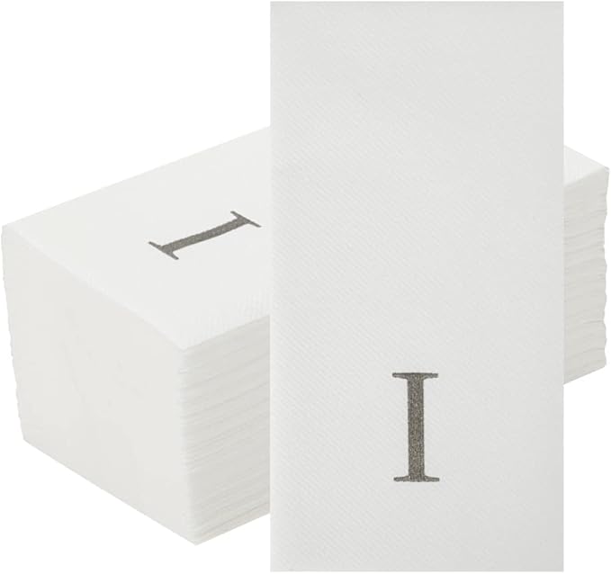 Luxenap 15.8 X 7.9 Inch Linen-Feel Guest Towels, 50 Lettered Hand Towels - Silver Letter 'I', Sans Serif Font, White Paper Dinner Napkins, airlaid, For Restrooms And Tables - Restaurantware