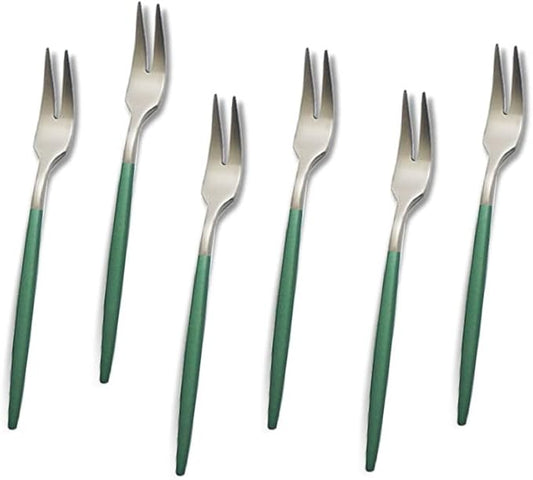 JASHII 6pcs Green&Silver 2-Tine Cocktail Forks & Appetizer Forks Set, Satin Finished, 304 Stainless Steel Mini Fruit Fork, Round Handle Modern Design, Dishwasher Safe - 5.5-Inch