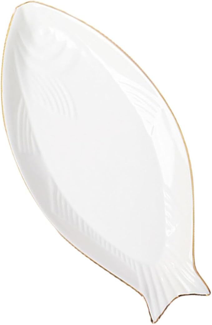 Amosfun Ceramic Fish Plate Gold Trim Decorative Fish Shaped Dish Serving Tray for Appetizers and Snacks Elegant Tableware for Parties Banquets and Home Use