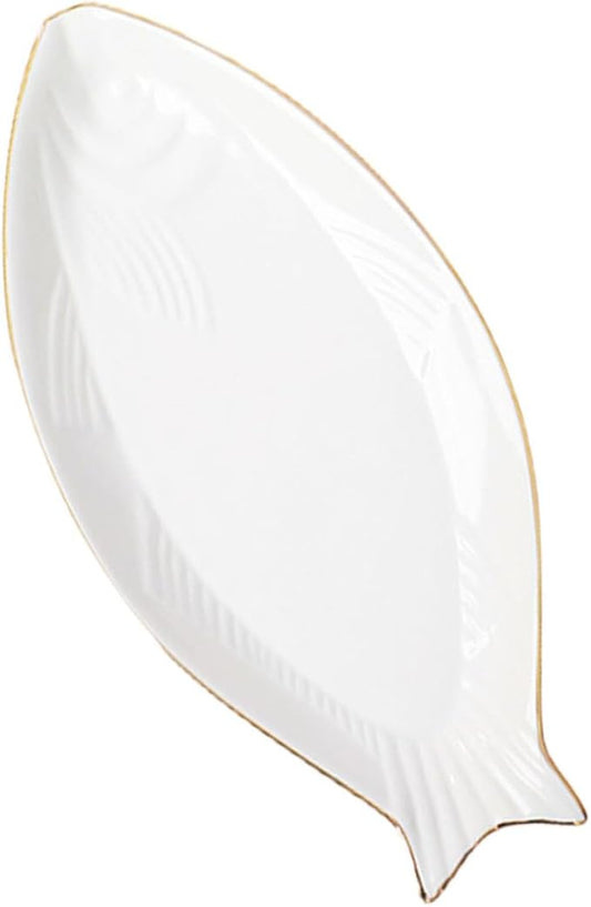 Amosfun Ceramic Fish Plate Gold Trim Decorative Fish Shaped Dish Serving Tray for Appetizers and Snacks Elegant Tableware for Parties Banquets and Home Use