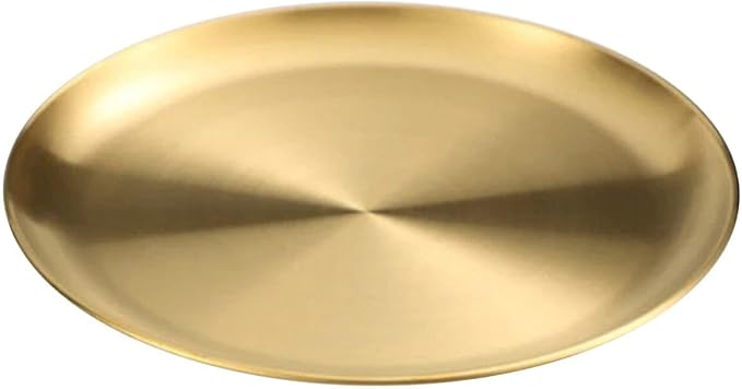 Stainless Steel Food Trays, Round Flat Dish Bread Pastry Baking Pan, Tea and Bar Serving Tray Party Cake Dessert Plate, Gold,L(26x20x2cm)