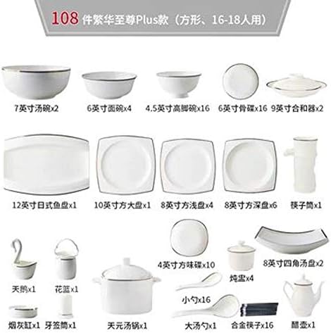 Ceramic Tableware Set, Bone Meal 45% Porcelain, Microwave Safe Tableware, White Translucent Ceramic, 56-Piece Household Tableware Set,108Piece of Package