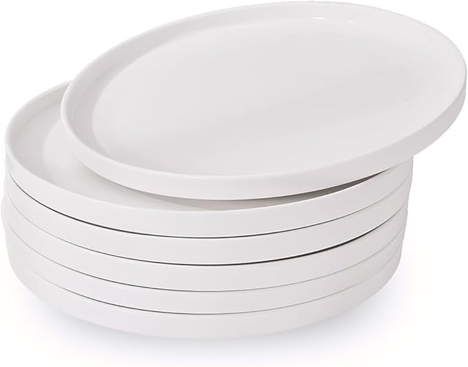 AntoKueh White Porcelain Flat Dessert Plates Set of 6, 8.2 Inch Ceramic Dishes with High Edge for Kitchen, Appetizer, salad, Dishwasher/Microwave safe