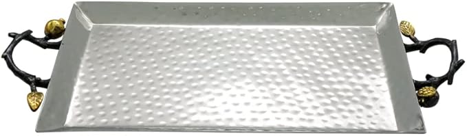Yair Emanuel Decorative Serving Tray - Hammered Stainless Steel with Gold Accent Decoration (Medium - 6.3" X 11")