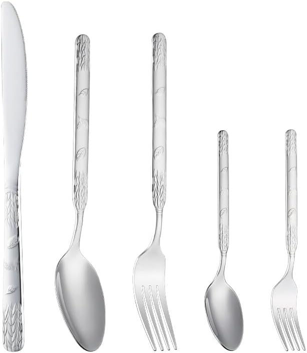 Stainless Steel Flatware Serving Set,Home Kitchen Eating Tableware Set,Dishwasher Safe,for Home Kitchen Restaurant Hote 5/20/30/40/50/60 Pieces Retro Round Handle Wheat Ear Stainless Steel Knife Fork