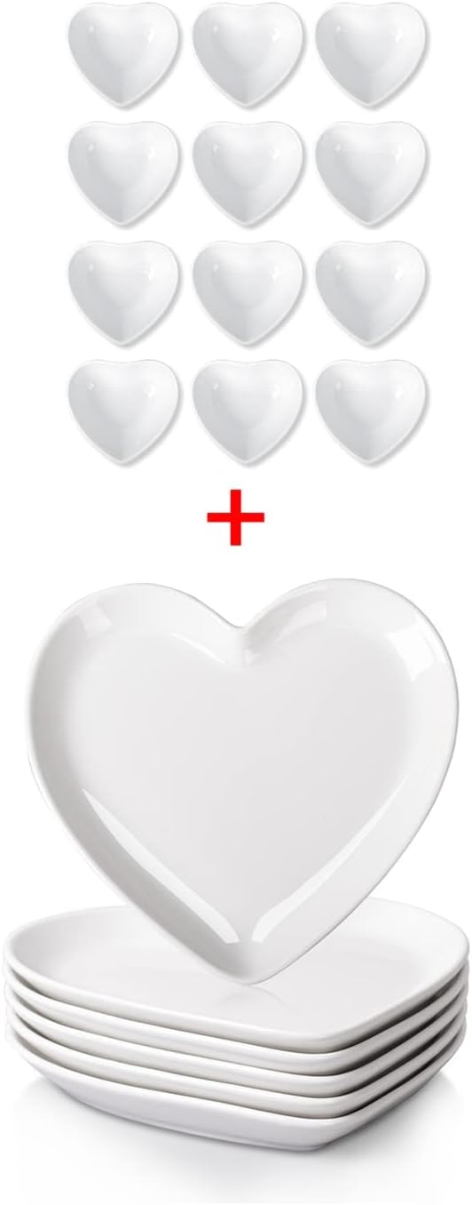 Delling Heart Porcelain Dessert Salad Plates - White 7.3 Inch Appetizer Plates,12 Pack Soy Sauce Dish