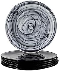 Vikko Lunch Plates Set of 6, Black Alabaster, 8.5" Marbelized Swirl Design, Elegant Glass Entree, Dishwasher Safe