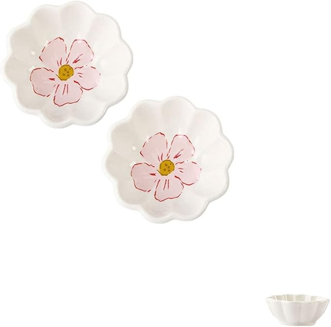 Appetizer Bowls Sauce Dish Flower Shape Ceramic Mini Condiment Dishes Side Dish Appetizer Plates Sushi Soy Dipping Bowls Snack Serving Saucer Set(Set of 2) Salad Bowls (Color : Pink)