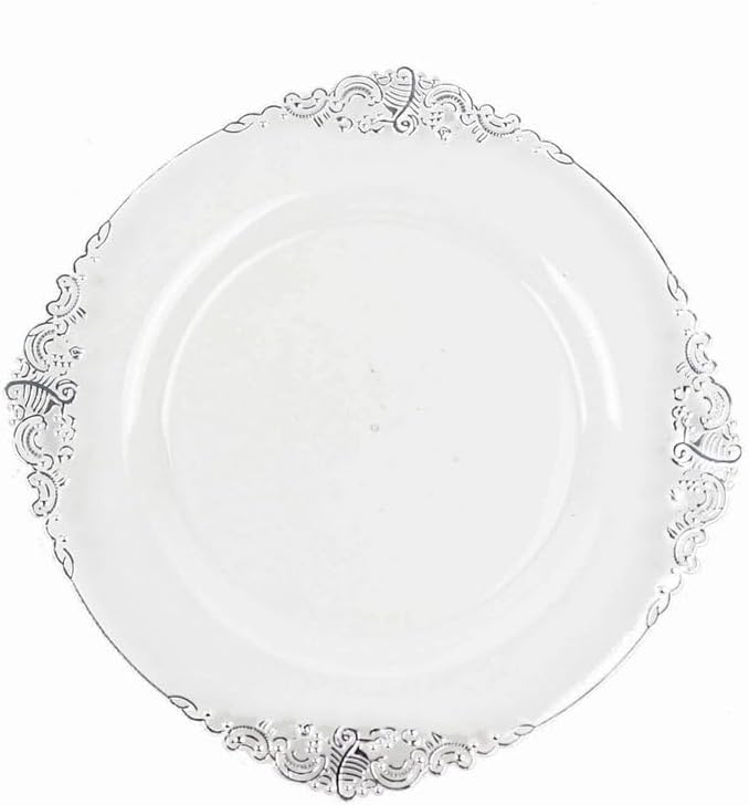 8" Salad Plates -Set of 10 - Plastic Clear Silver Round Baroque Disposable Dessert Appetizer Plate Leaf Embossed Rim, Ideal for Dinner Party Wedding Bulk Events