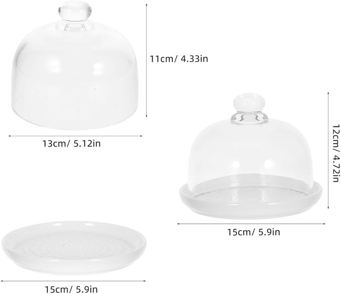 DOITOOL Ceramic Cake Stand with Glass Dome Cover White Ceramic Cake Plate Server Round Clear Glass Dome Dessert Plate for Home Kitchen Party Use, 5.9 x5.9 x 4.7 inches