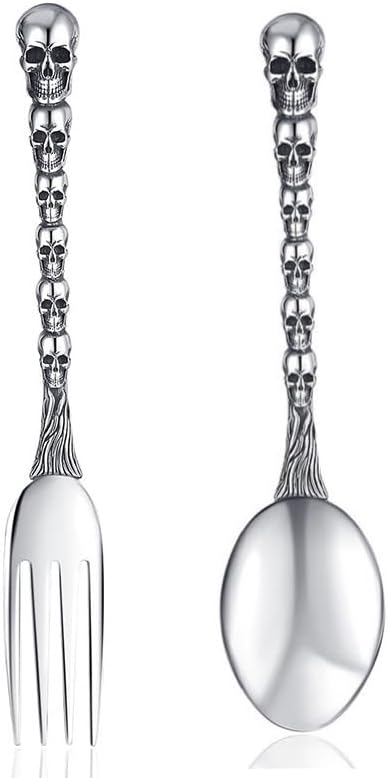 Stainless Steel Flatware Tableware Modern Look Great Gifts For Halloween Easter and Christmas (Silver, SKULLS)