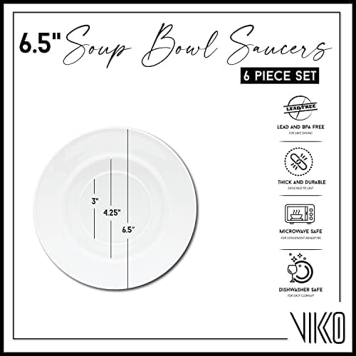Vikko Appetizer Plate, Set of 6 Restaurant Style 6.5" Round Saucer Plates, Fine Porcelain Dessert Plate, Dishwasher Safe