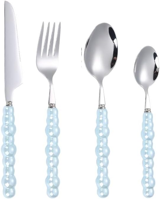 Silverware Flatware Cutlery Set, 4/16/24/32 Pieces 304 Stainless Steel Knives, Forks And Spoons, Creative Pearl Ceramic Handle Tableware, Steak Knives, Forks, Dessert Spoons(Blue,1Set-4Pcs)