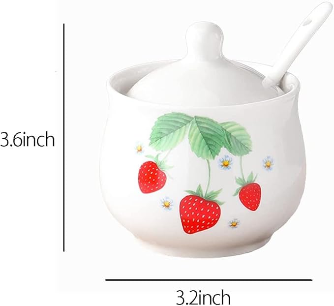 Ceramic Strawberry Sugar Bowl Storage Jar with Lid and Spoon,1pcs