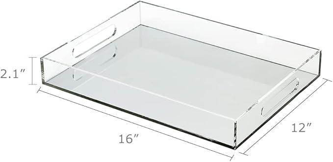 pbf Acrylic Serving Tray with Handles | Clear Acrylic Tray | Spill-Proof, Stackable 12x16 Mirrored Tray | Lucite Tray Organizer | Food, Cracker, Usherette, Bar Cart, Sandwich Tray for Parties