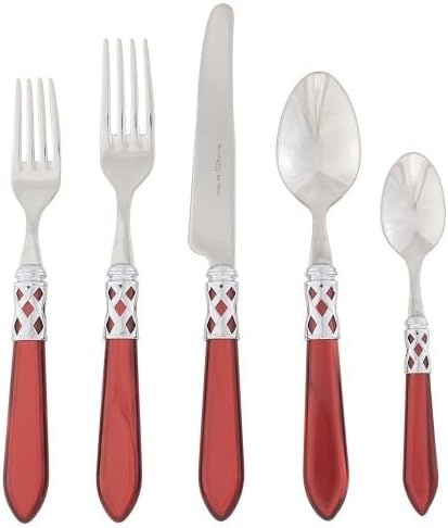 Vietri Aladdin Italian Flatware 18/10 Stainless Steel Brilliant Finish Including Place Knife, Place Fork, Place Spoon, Teaspoon, and Salad Fork (Red)