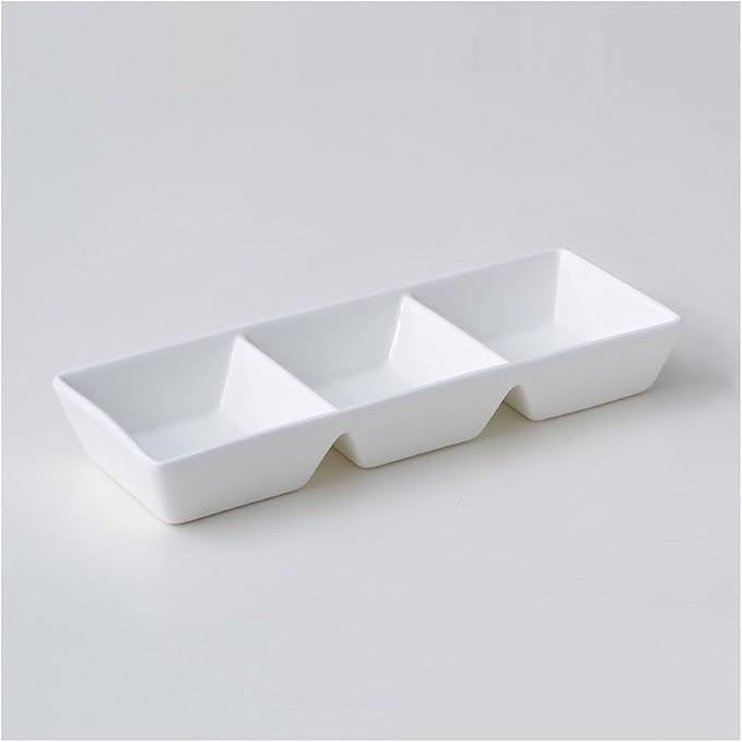 Sauce Dish White Ceramic Soy Sauce Dish 3 Compartment Appetizer Plate Tray Divided Dipping Sauce Dishes for Sushi Ketchup Appetizer Serving (9.65inch Dipping Bowls