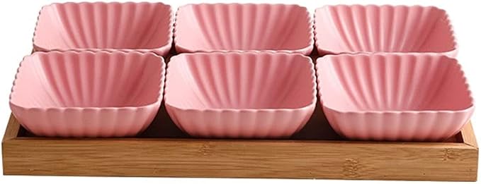 Appetizer Bowls 6 Compartment Divided Ceramic Sauce Dish Dipping Bowls Fruit Dessert Small Dish Appetizer Plates for Soy Sauce Vinegar Sushi Kethup BBQ Sauces(with Tray) Salad Bowls ( Color : Pink )