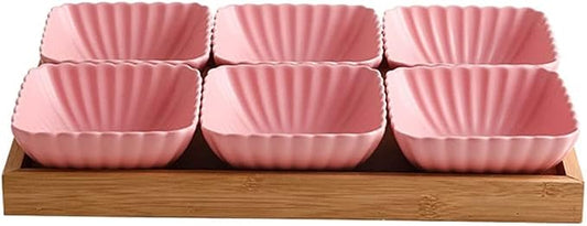 Appetizer Bowls 6 Compartment Divided Ceramic Sauce Dish Dipping Bowls Fruit Dessert Small Dish Appetizer Plates for Soy Sauce Vinegar Sushi Kethup BBQ Sauces(with Tray) Salad Bowls ( Color : Pink )