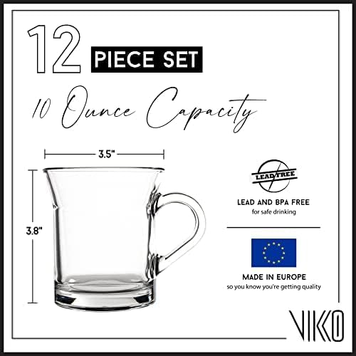 Vikko Glass Coffee Mugs, Thick and Durable 10 Ounce Coffe Cup, Microwave and Dishwasher Safe, Set of 12 Clear Glass Mugs