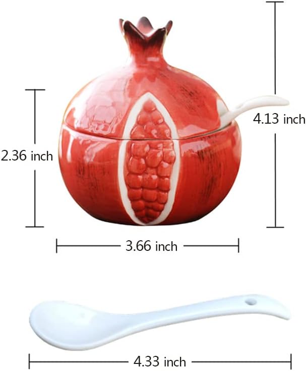 Ceramics Fruit Shaped Sugar Bowl Salt Pot Pepper Storage Jar with Lid and Spoon Seasoning Box Condiment Pots (Red Pomegranate)