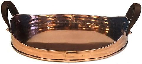 Large Copper Plated Stainless Steel Serving Tray With Comfortable Faux Leather Handle | Ornate Decorative Tray | Serving Meals, Appetizers & Beverages | Kitchen Countertop - 17" x 13" x 3.5"