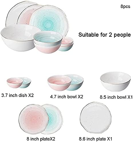 Dinnerware Sets - Luxury Gift Dishes Service Set, 8 Pcs Dinnerware Sets, Irregular Porcelain Tableware Set with Plates Dish and Bowls, Pink Blue and White Ceramic Dinner Set, oujinmm2024327